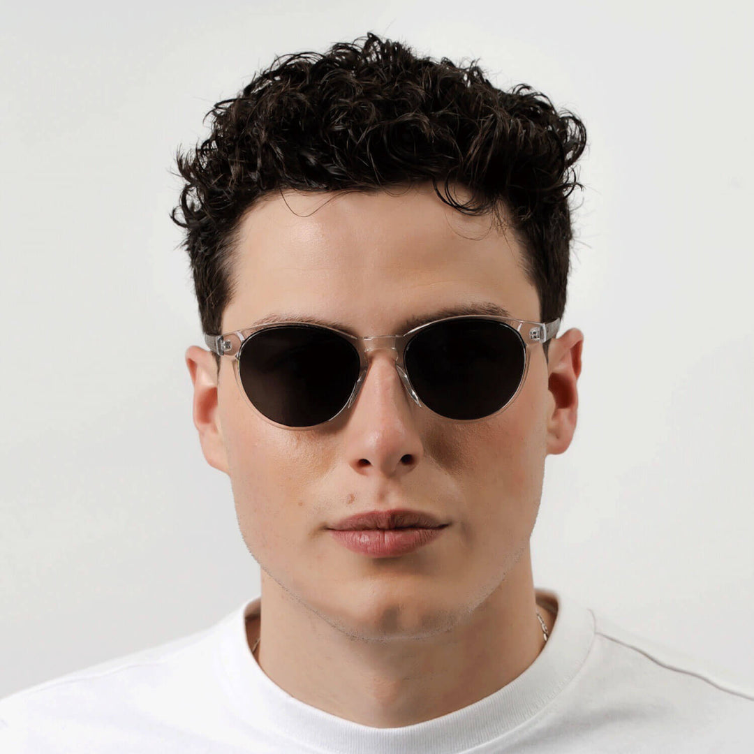 Eyeglasses sunglasses polarized for men and women in material acetate biodegradable sustainable moda for men and women forma redonda black with wooden temples natural side view Bonoboss #color_transparente