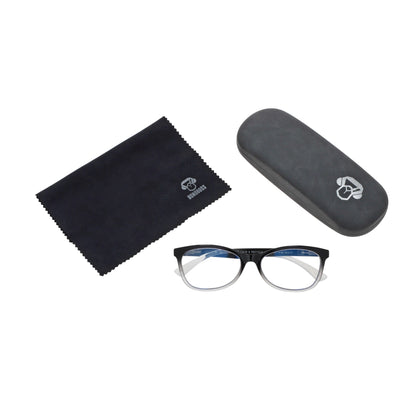 Figaro Stained vista desde arriba de lentes de lectura ovalados para mujer y hombre con filtro de luz azul para las pantallas con estuche rigido tipo almeja y paño de limpieza