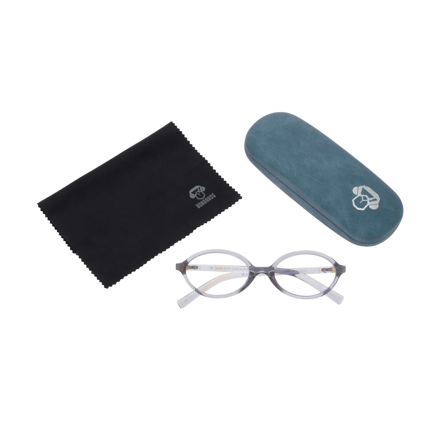 Blueberry Gris vista desde arriba de lentes de lectura ovalados para mujer tipo miu miu con filtro de luz azul para las pantallas con estuche rigido tipo almeja y paño de limpieza
