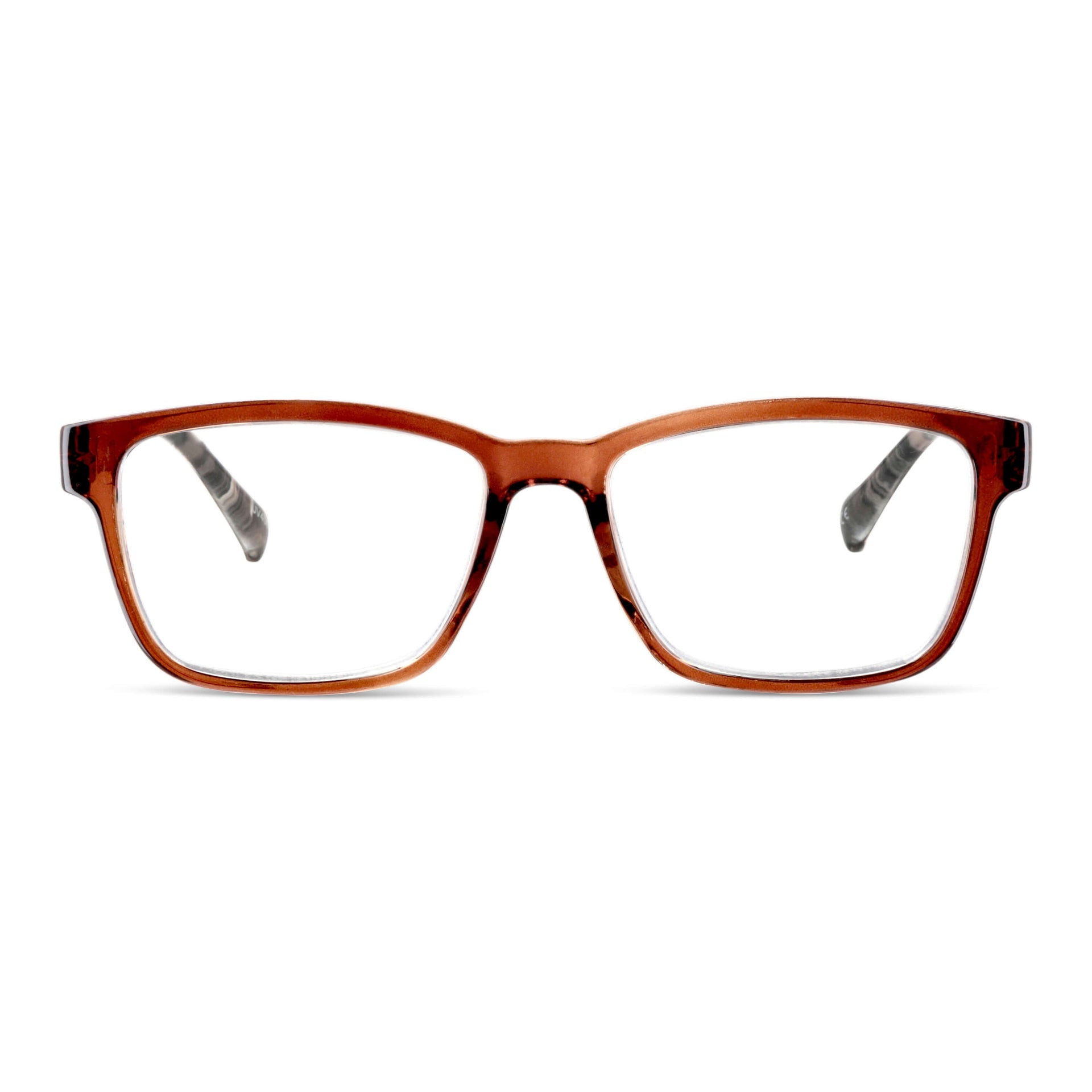 Lennox Island Caramel vista frontal de lentes de lectura ovalados para mujer y hombre con marco armazon de plastico reciclado y colores distintos con filtro de luz azul para las pantallas