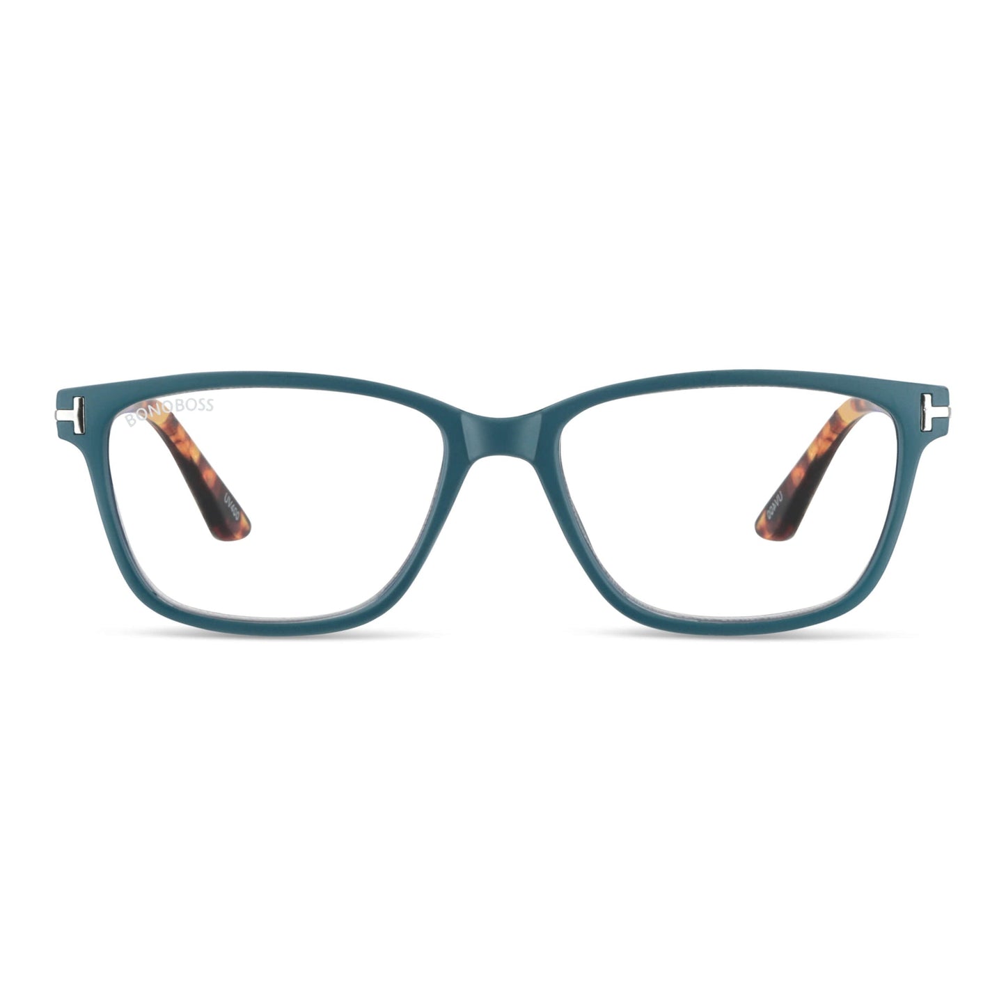 Puerto Williams Teal vista frontal de lentes de lectura ovalados para mujer y hombre con marco armazon de plastico reciclado y colores distintos con filtro de luz azul para las pantallas