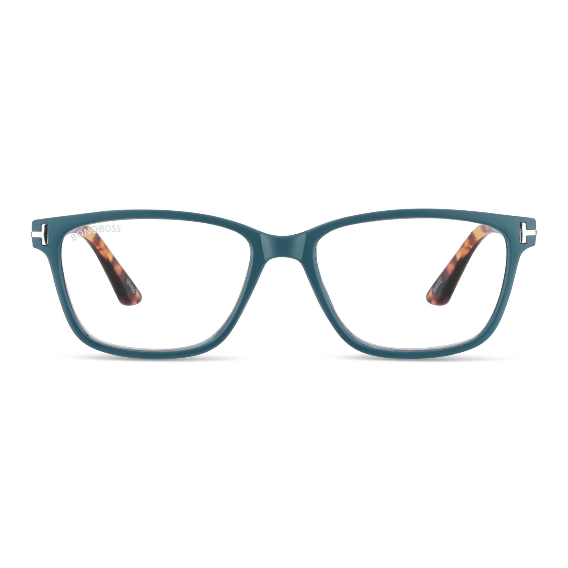 Puerto Williams Teal vista frontal de lentes de lectura ovalados para mujer y hombre con marco armazon de plastico reciclado y colores distintos con filtro de luz azul para las pantallas