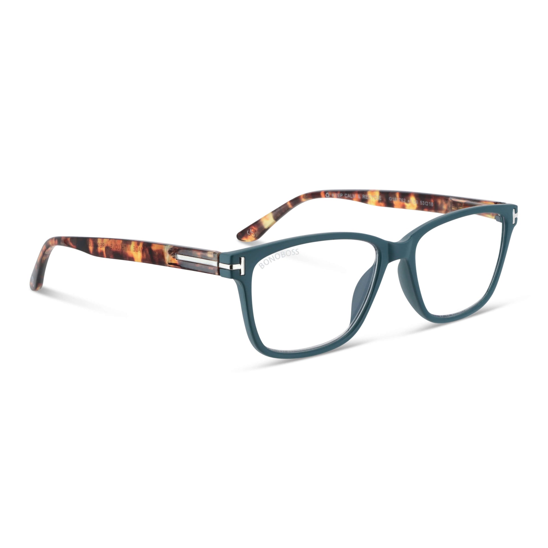 Puerto Williams Teal vista angulada de lentes de lectura ovalados para mujer y hombre con armazon de plastico reciclados y colores distintos exclusivos con filtro de luz azul para las pantallas)