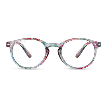 Gordon Island Floral vista frontal de anteojos de lectura redondos para mujer y hombre con marco armazon de plastico reciclado y colores distintos con filtro de luz azul para las pantallas