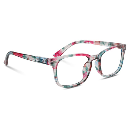 anteojos o lentes de lectura para presbicie vista cansada de colores vistosos, transparente, verde, rosado y naranja. Vista angulada con forma semi cuadrada