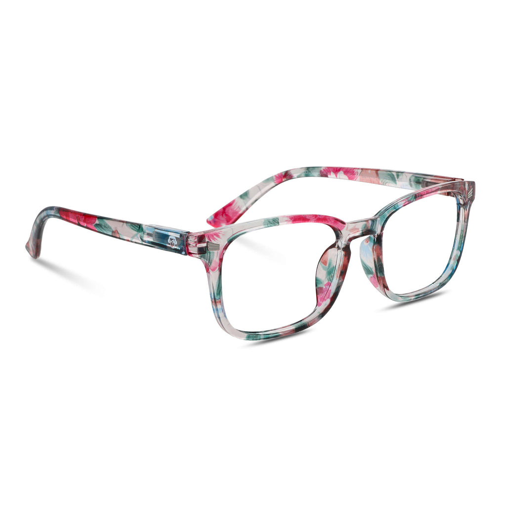 anteojos o lentes de lectura para presbicie vista cansada de colores vistosos, transparente, verde, rosado y naranja. Vista angulada con forma semi cuadrada