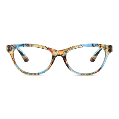 modelo Alice de Bonoboss anteojos gafas de lectura con filtro de luz azul de plastico reciclado en una vista angulada sobre fondo blanco. lentes de color transparente y marco azul.