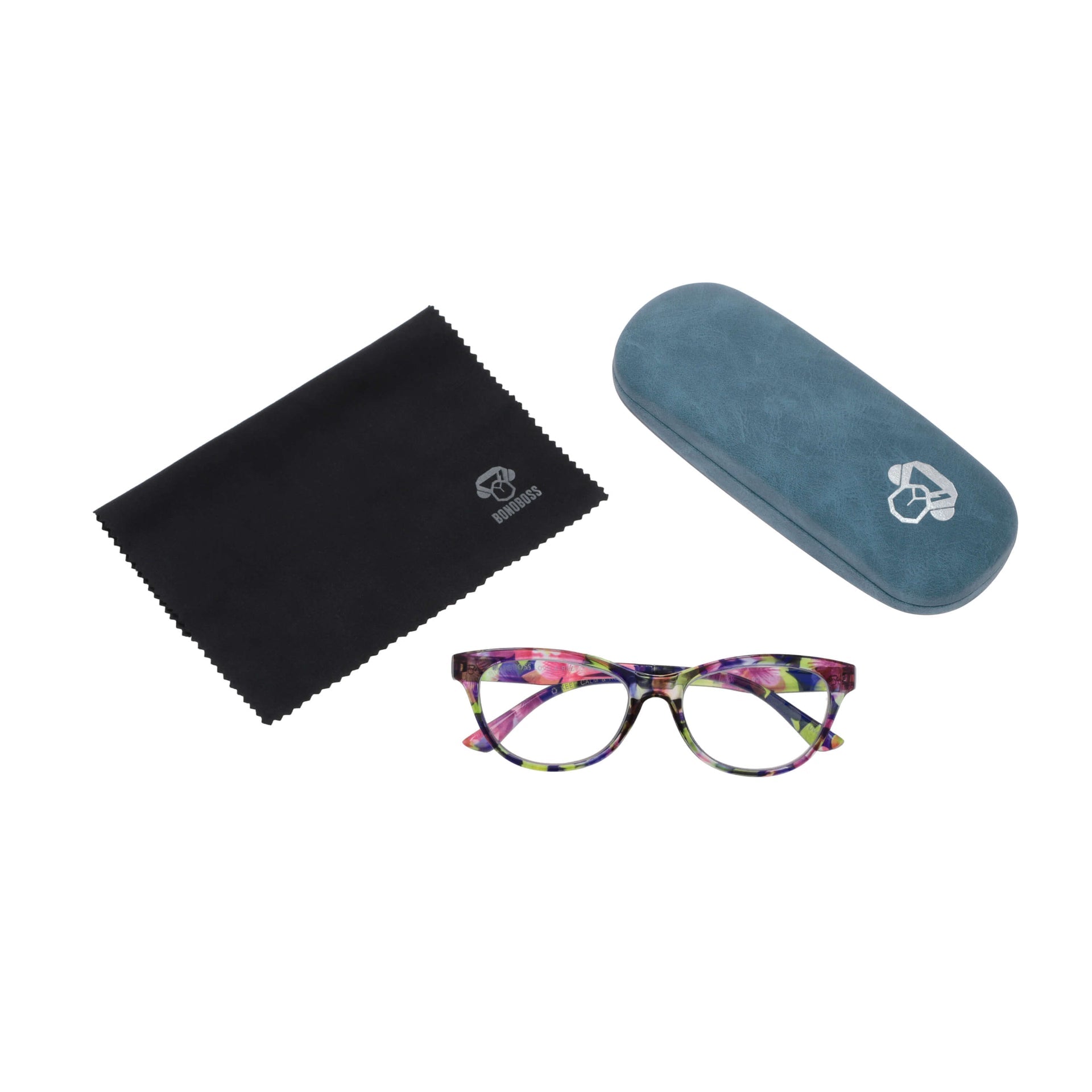 Alice Skittles vista desde arriba de lentes de lectura multicolor con estuche y paño de forma agatada para mujer de cara redonda grande