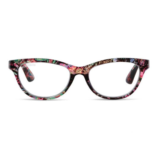 Alice Floral vista frontal de lentes de lectura agatados para mujer de cara redonda grande