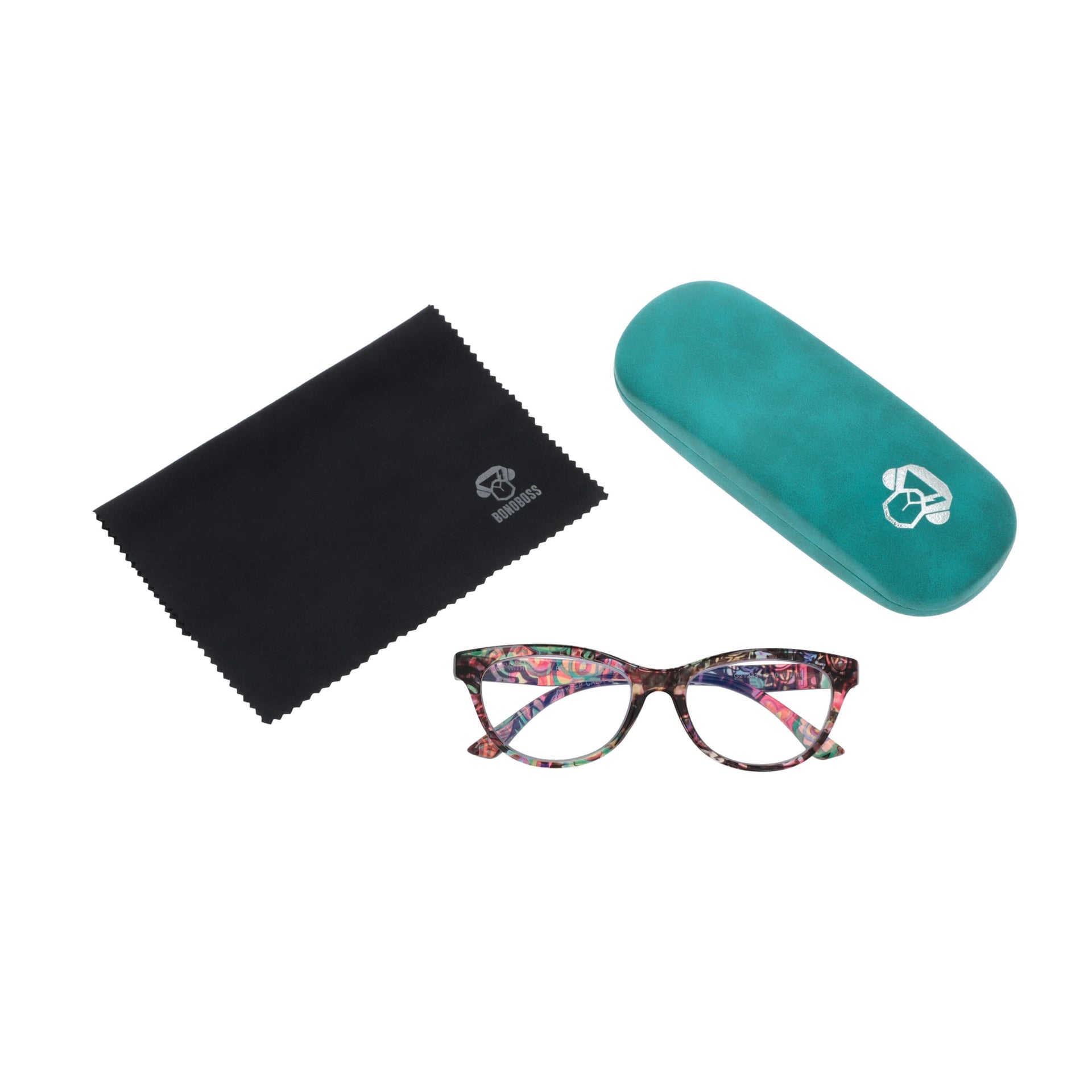 Alice Floral vista desde arriba de lentes de lectura multicolor con estuche y paño de forma agatada para mujer de cara redonda grande