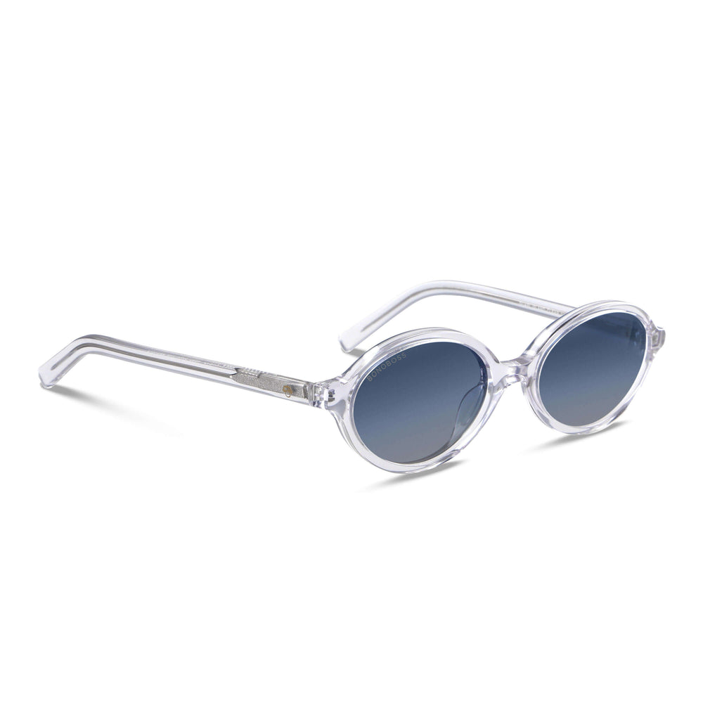 Sunglasses eyewear polarized moda fashion aesthetic for men and women clear with lenses gradient bluees with or sin prescription optica angled view Bonoboss #color_transparente