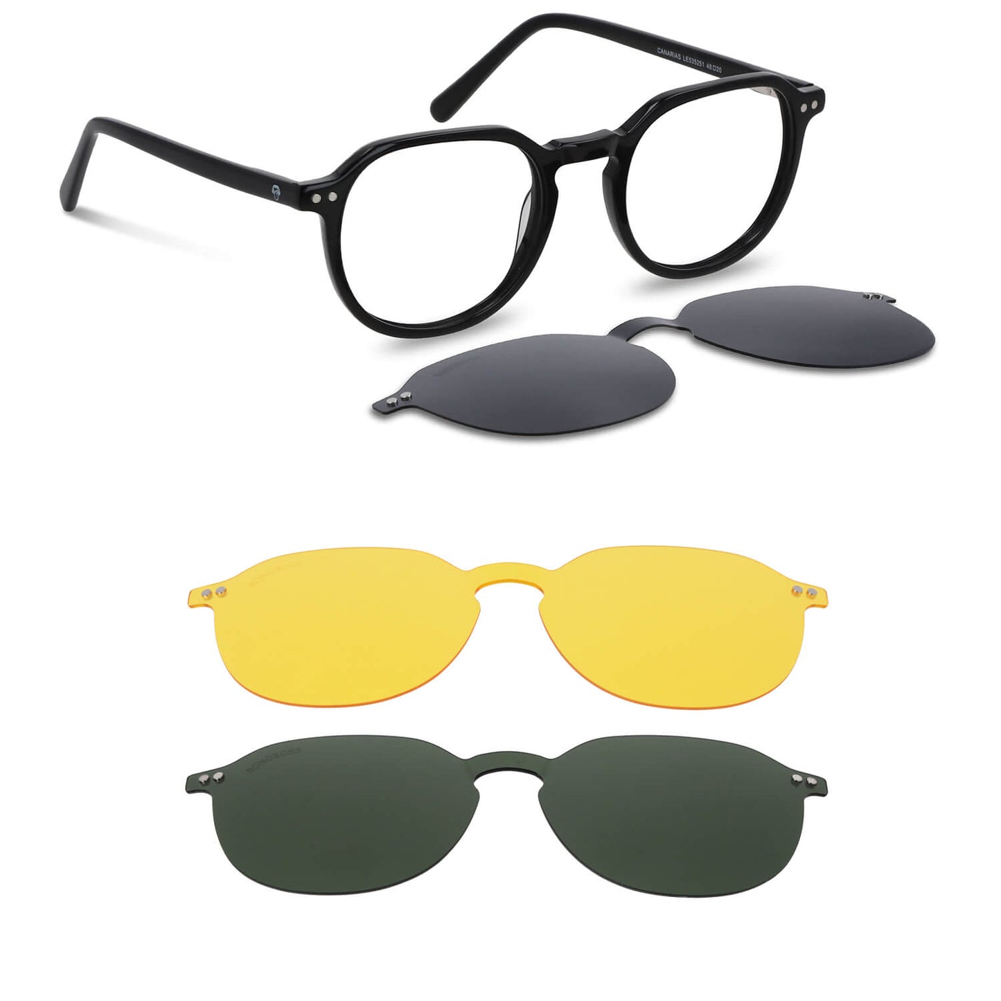 anteojos o marcos ópticos con iman o clip de sol polarizados de forma octagonal o redondos para hombres y mujeres de cara redonda grande. Vista angulada y armazones de color negro #color_negro