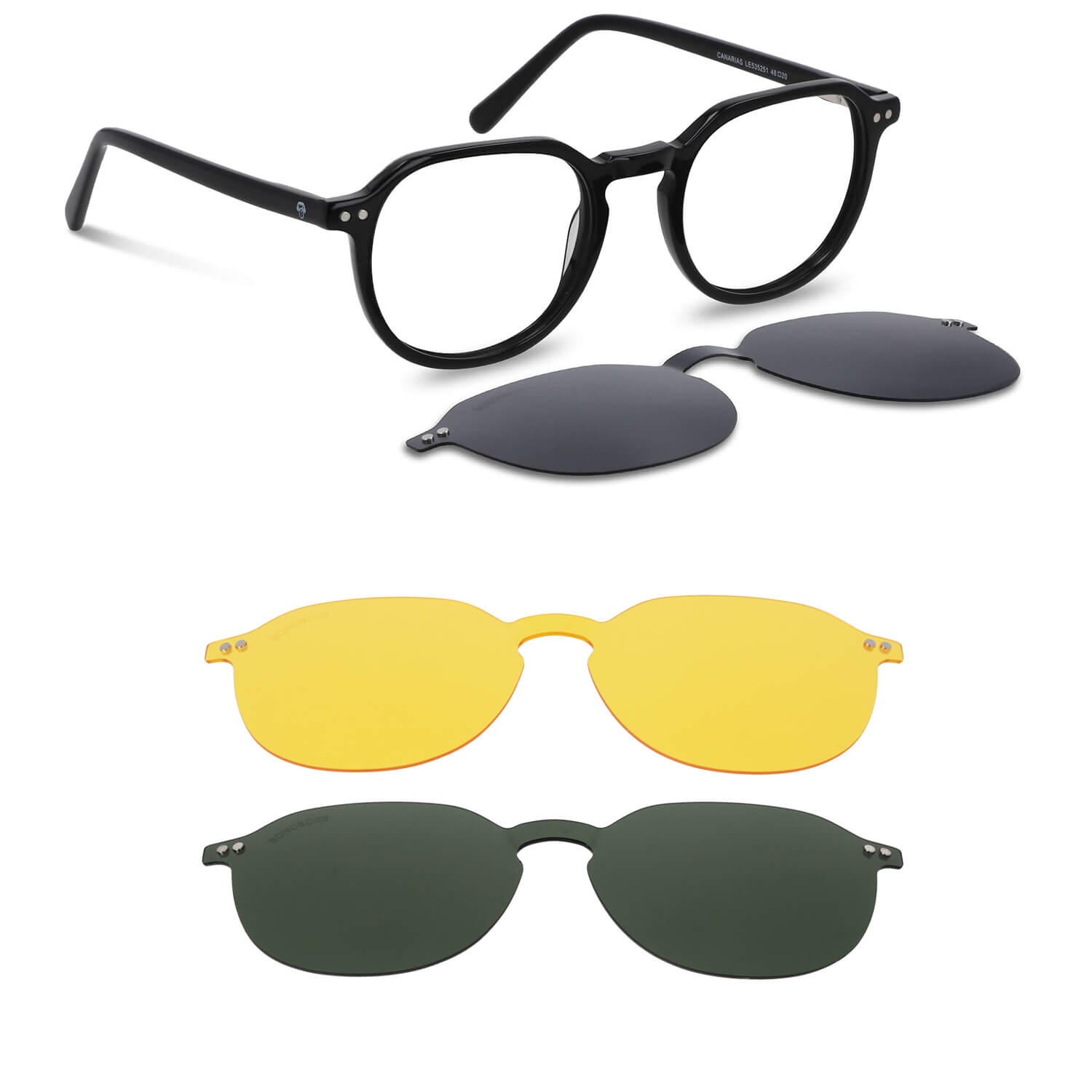 anteojos o marcos ópticos con iman o clip de sol polarizados de forma octagonal o redondos para hombres y mujeres de cara redonda grande. Vista angulada y armazones de color negro #color_negro