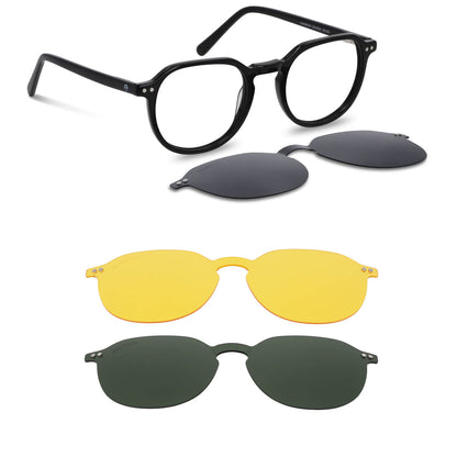 anteojos o marcos ópticos con iman o clip de sol polarizados de forma octagonal o redondos para hombres y mujeres de cara redonda grande. Vista angulada y armazones de color negro #color_negro