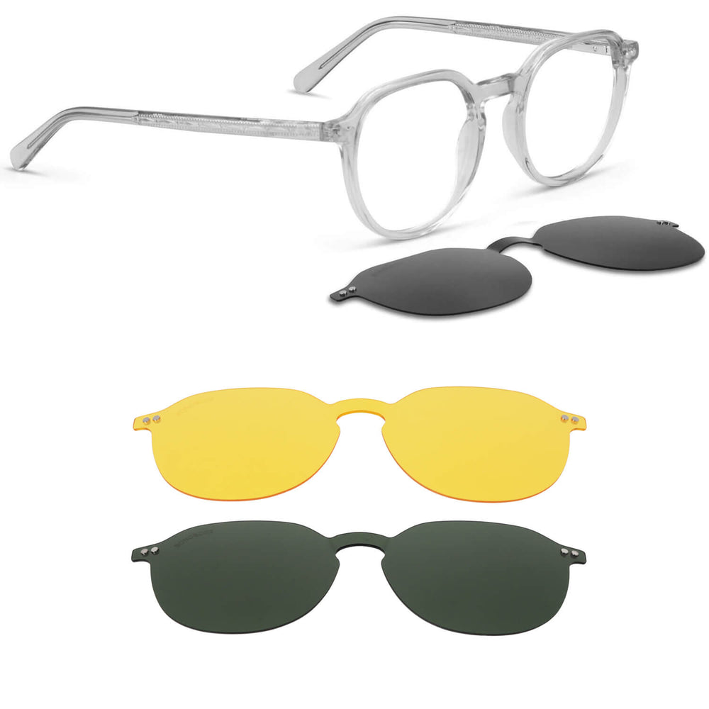Eyeglasses or optical frames with iman or sun clip-on polarized forma octagonal or round for mens and womenes round face large. angled view and frames black Bonoboss #color_transparente