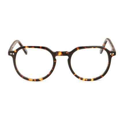 anteojos o marcos ópticos con iman o clip de sol polarizados de forma octagonal o redondos para hombres y mujeres de cara redonda grande. Vista angulada y armazones de color carey #color_carey