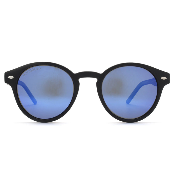 Sunglasses polarized recycled plastic round for women and men black critsal blue Bonoboss #color_espejado-azul