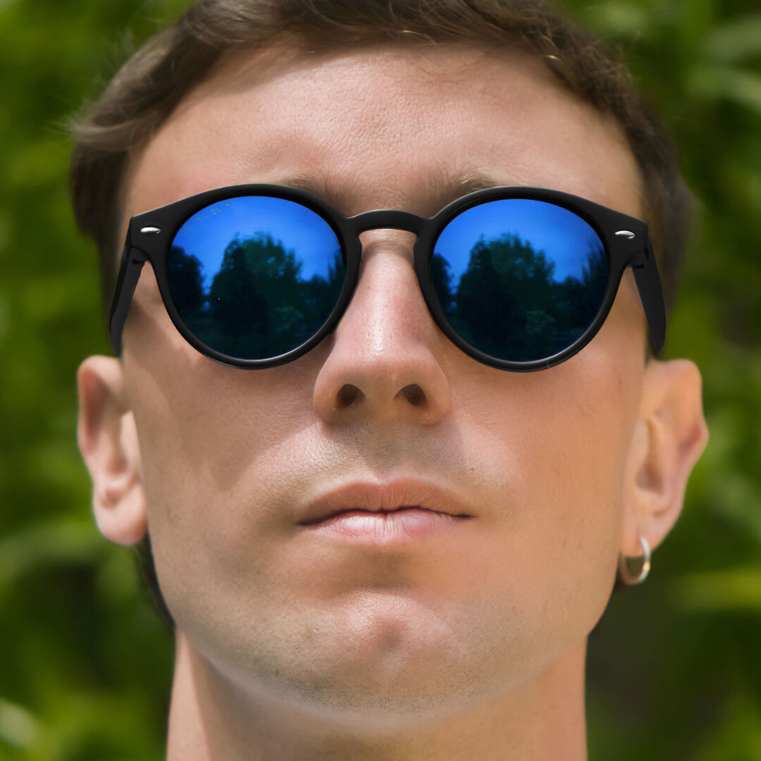 Sunglasses polarized recycled plastic round for women and men black critsal blue Bonoboss #color_espejado-azul