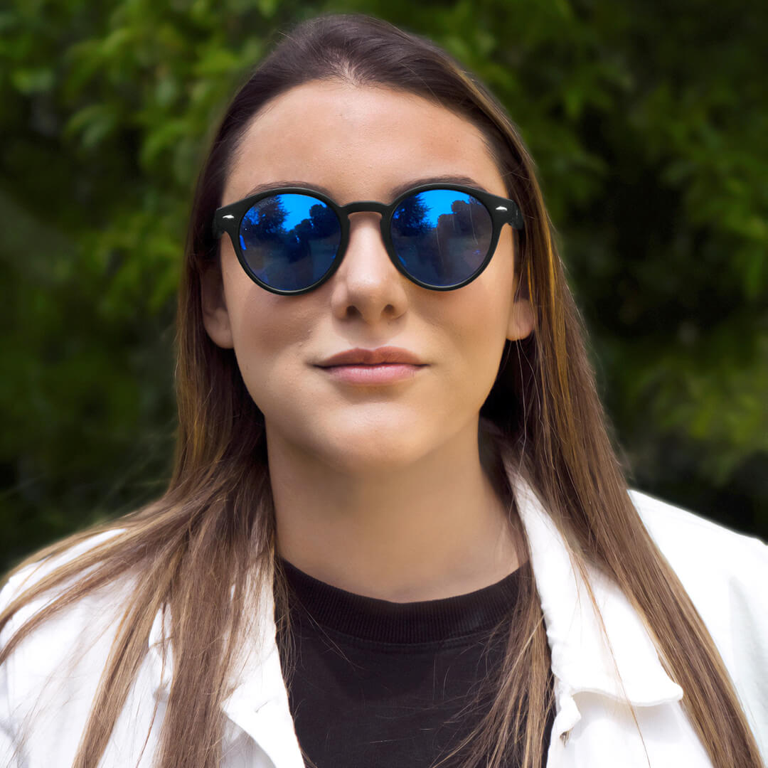 Sunglasses polarized recycled plastic round for women and men black critsal blue Bonoboss #color_espejado-azul