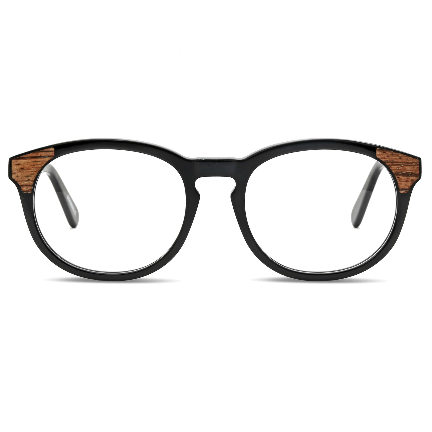 marcos ópticos armazones sustentables redondos de acetato con madera natural chiloe 0084 negro  frontal mayorista de optica regalos corporativos ecologicos hombre de cara ovalada