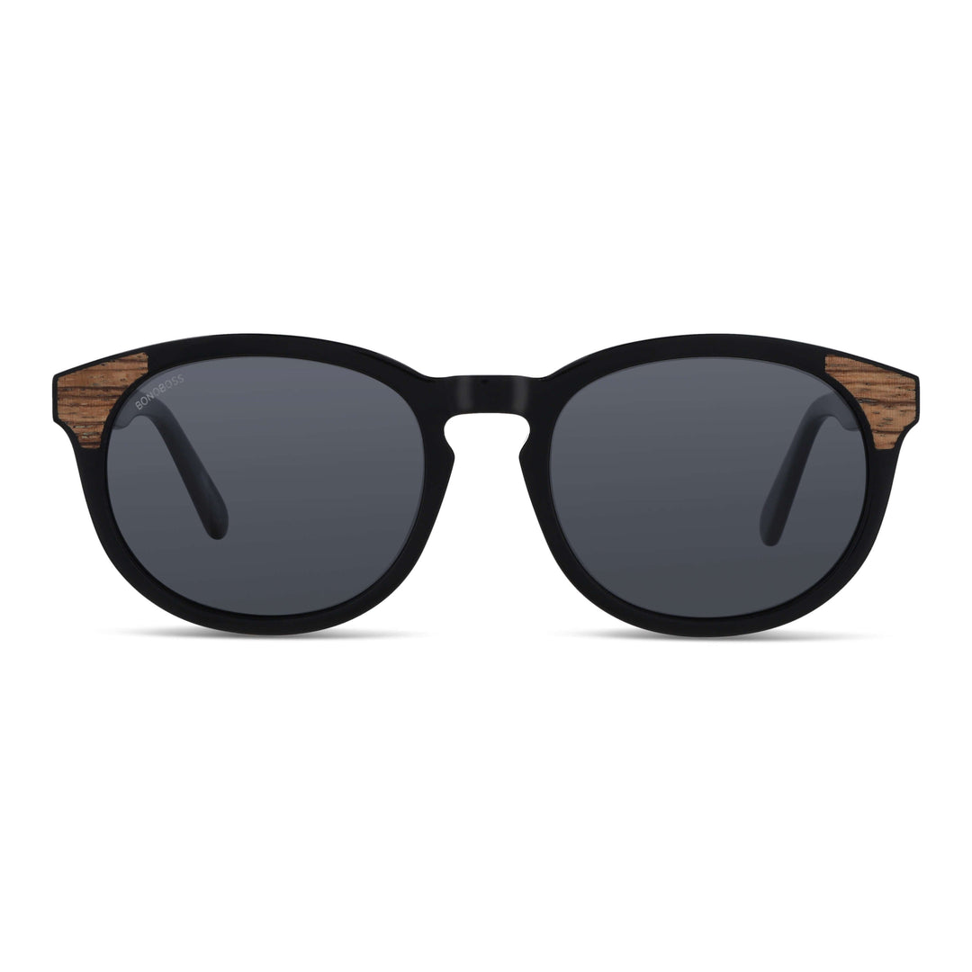 Sunglasses polarized for men and womenoval black with wooden temples natural sustainable. marco recycled plastic with lenses polarized Bonoboss #color_negro