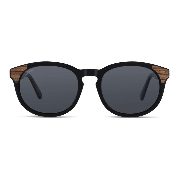 Sunglasses polarized for men and womenoval black with wooden temples natural sustainable. marco recycled plastic with lenses polarized Bonoboss #color_negro