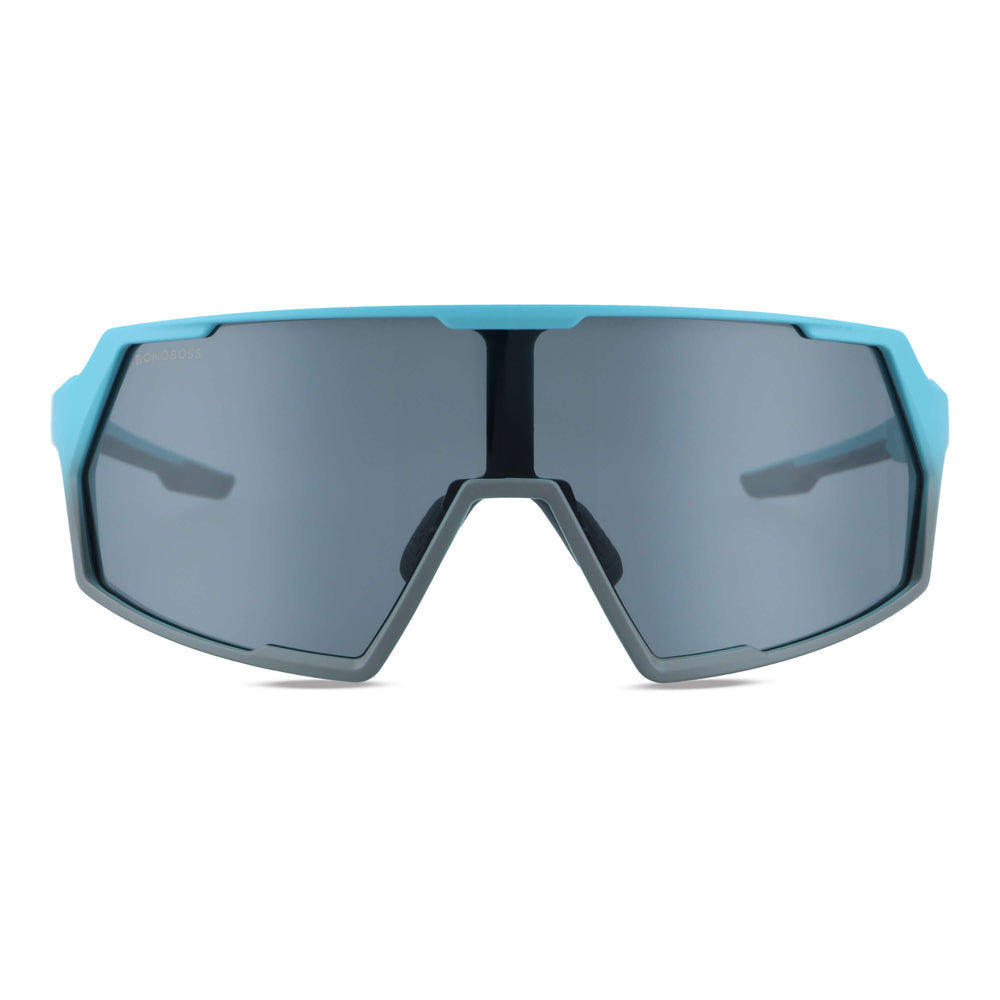 Eyewear lenses sunglasses mirroreds deportivos larges for hacer deporte or andar in bicicleta green with white with lenses espejadas blue front view Bonoboss #color_negro