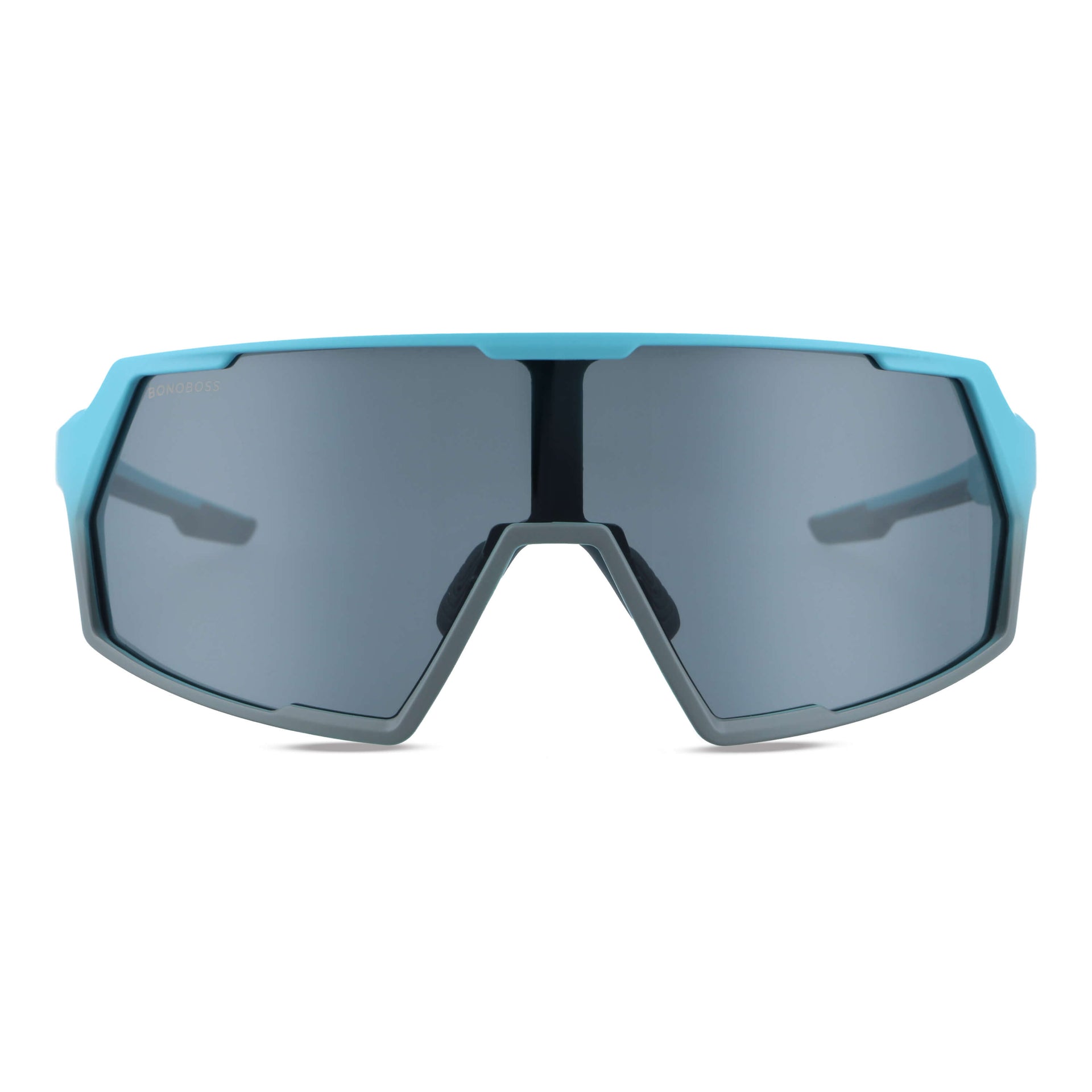 gafas lentes anteojos de sol espejados deportivos grandes para hacer deporte o andar en bicicleta de color verde con blanco con lentes espejadas de color azul  vista frontal #color_negro