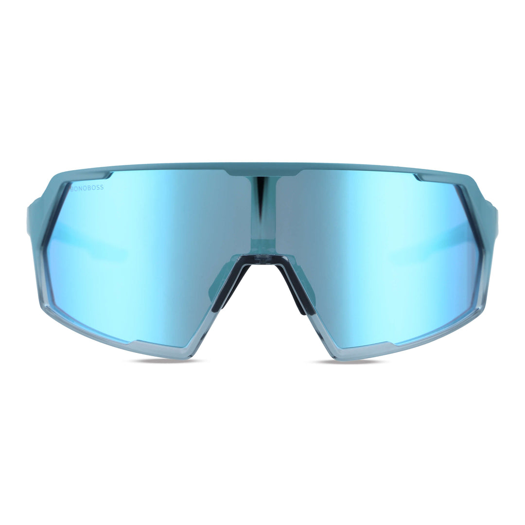 Eyewear lenses sunglasses mirroreds deportivos larges for hacer deporte or andar in bicicleta green with white with lenses espejadas blue front view Bonoboss #color_sky