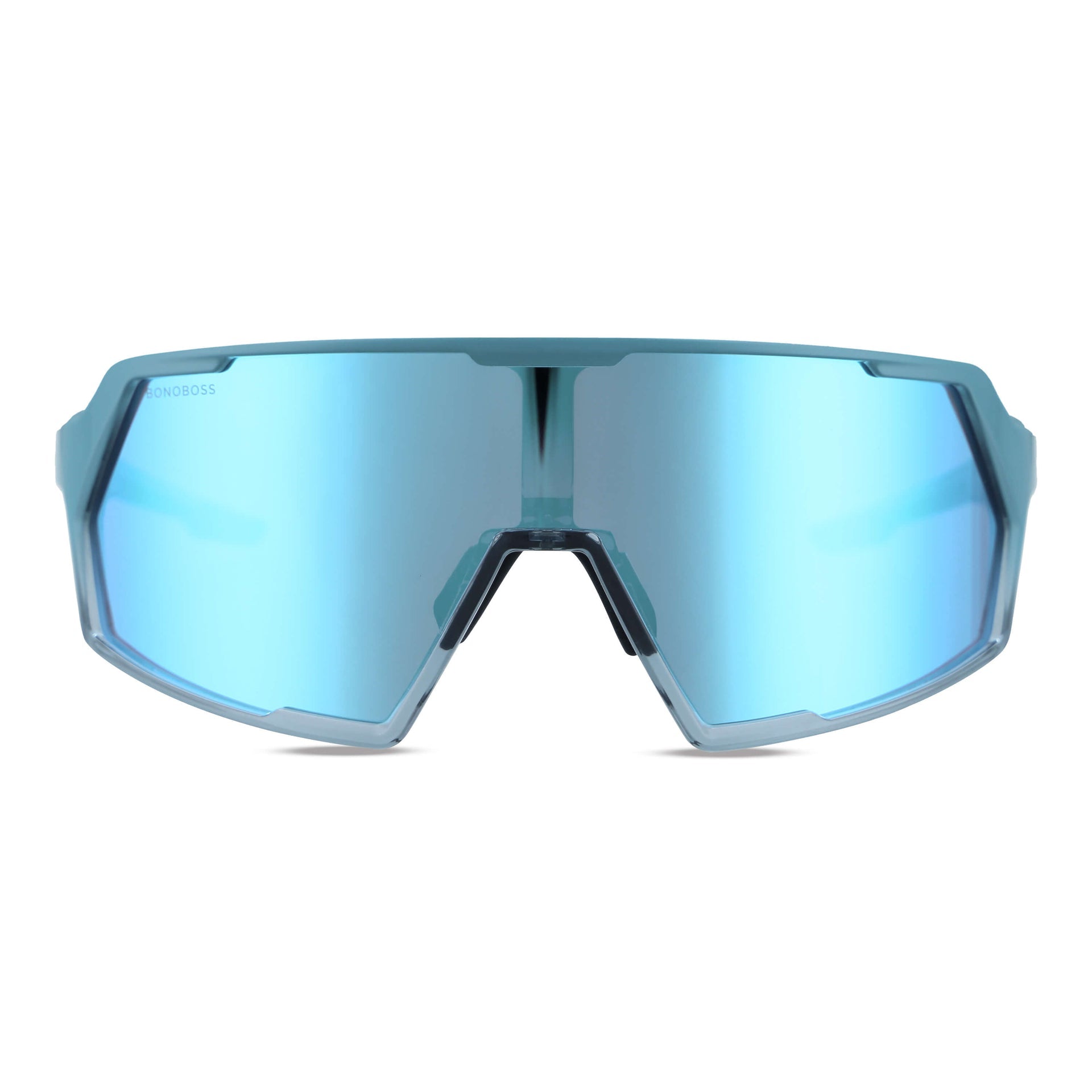 gafas lentes anteojos de sol espejados deportivos grandes para hacer deporte o andar en bicicleta de color verde con blanco con lentes espejadas de color azul  vista frontal #color_sky
