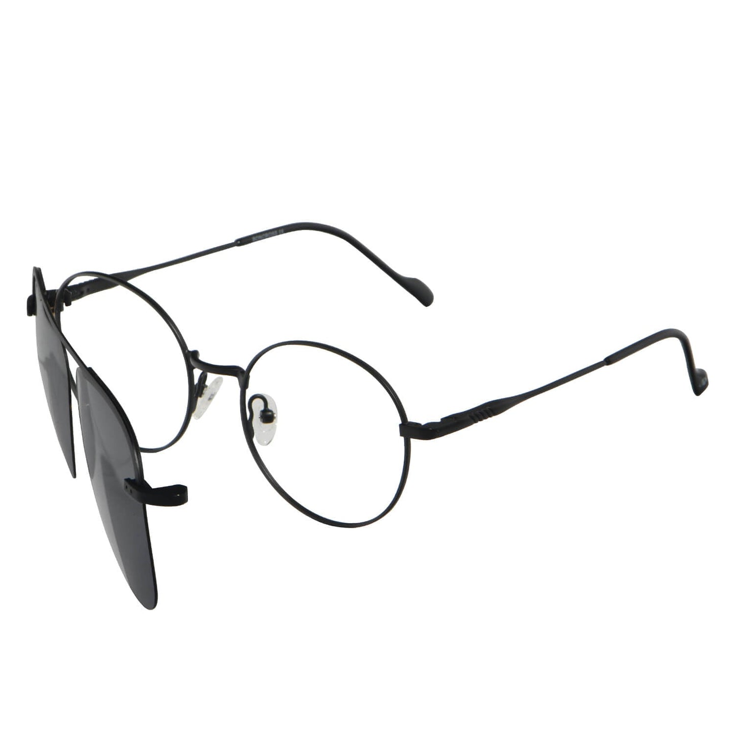 vista angulada de un marco óptico redondo para usar con receta óptica oftalmológica marcos ópticos redondos metalicos con clip de sol polarizado para hombre y mujer. armazones ópticos redondos de moda #color_negro