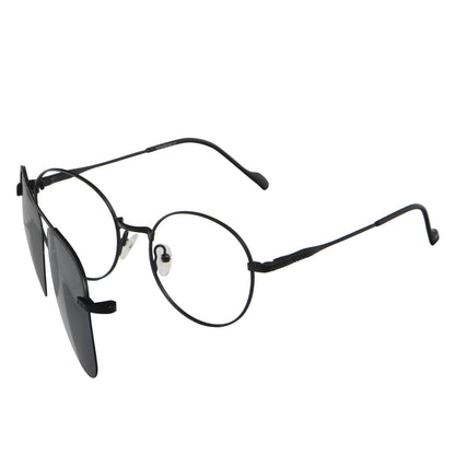vista angulada de un marco óptico redondo para usar con receta óptica oftalmológica marcos ópticos redondos metalicos con clip de sol polarizado para hombre y mujer. armazones ópticos redondos de moda #color_negro