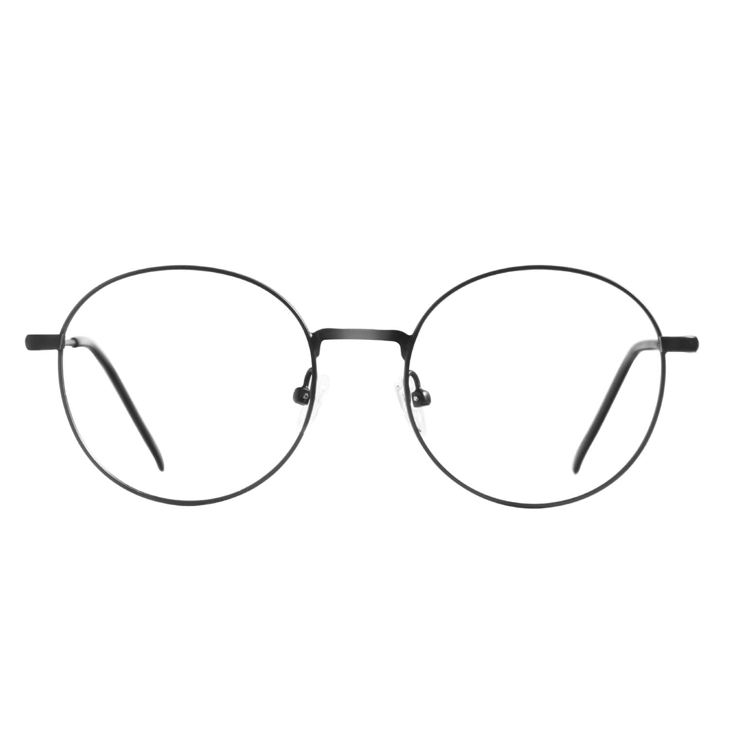 vista frontal de un anteojo óptico de moda redondo para hombre y mujer de material metalico brillante #color_negro