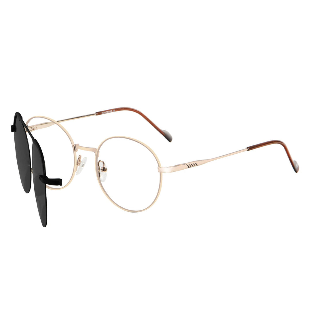 Eyeglasses or optical frames with iman or sun clip-on polarized forma round for mens and womenes. angled view and frames color gold Bonoboss #color_dorado