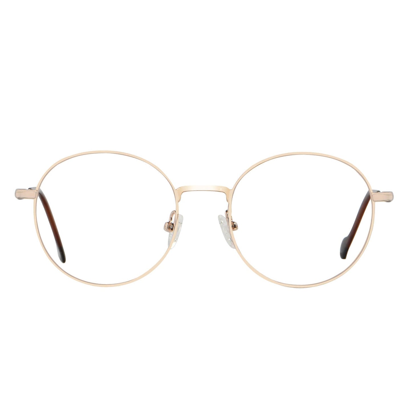 anteojos o marcos ópticos con iman o clip de sol polarizados de forma redondos para hombres y mujeres. Vista angulada y armazones de color dorado #color_dorado