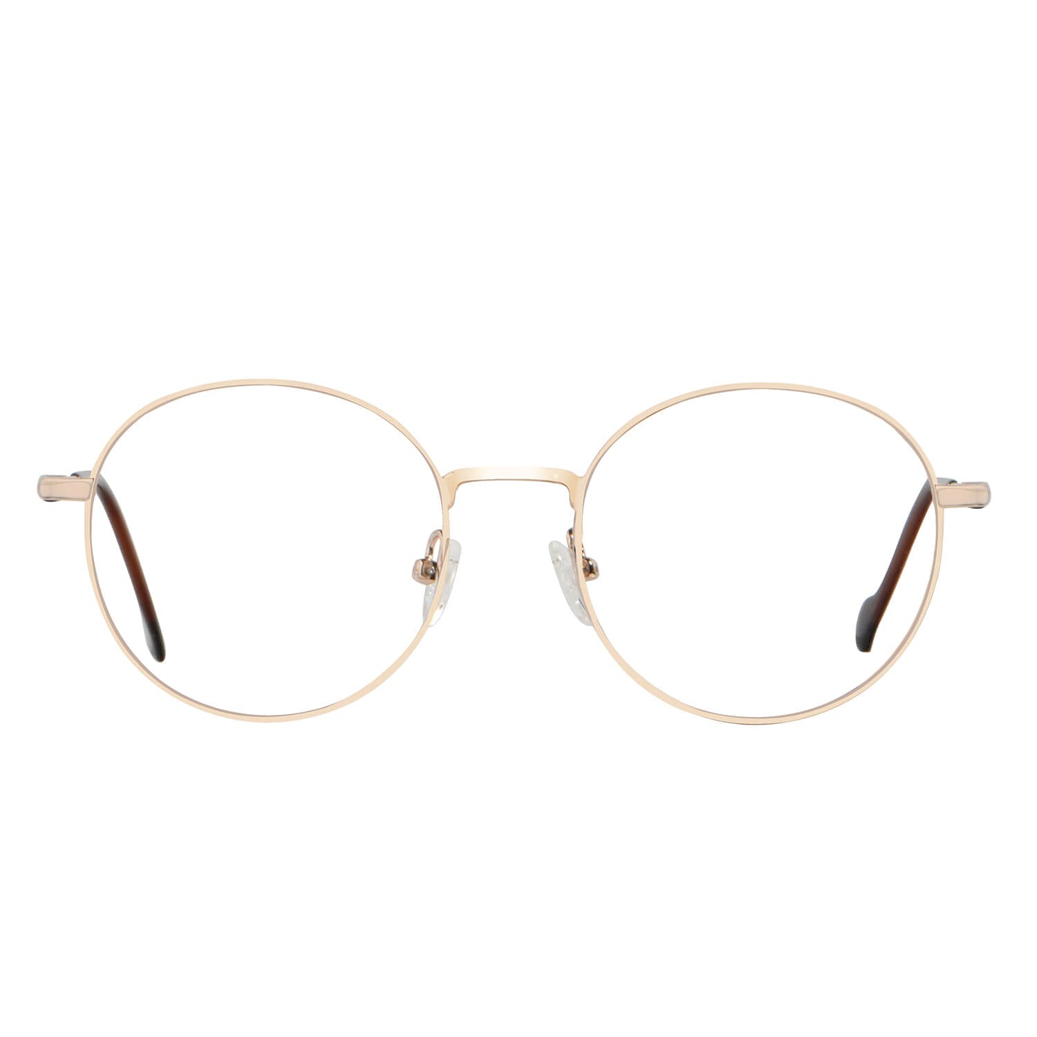 anteojos o marcos ópticos con iman o clip de sol polarizados de forma redondos para hombres y mujeres. Vista angulada y armazones de color dorado #color_dorado