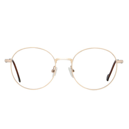 anteojos o marcos ópticos con iman o clip de sol polarizados de forma redondos para hombres y mujeres. Vista angulada y armazones de color dorado #color_dorado