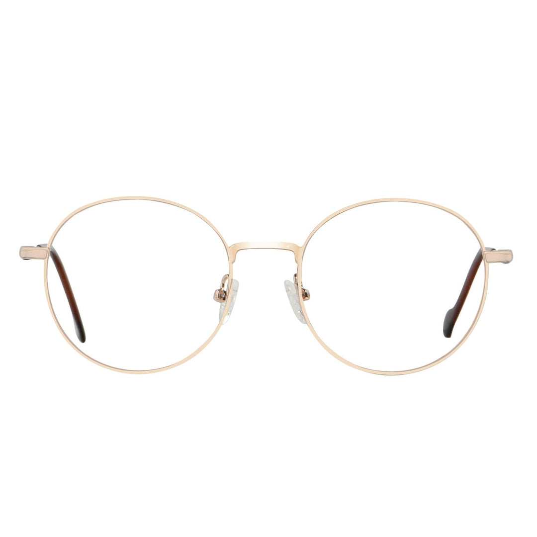 Eyeglasses or optical frames with iman or sun clip-on polarized forma round for mens and womenes. angled view and frames color gold Bonoboss #color_dorado
