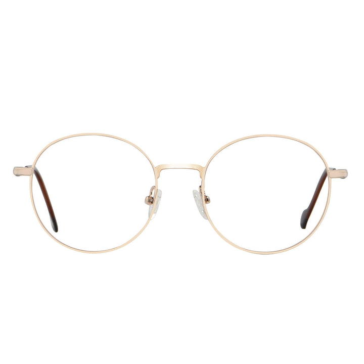 Eyeglasses or optical frames with iman or sun clip-on polarized forma round for mens and womenes. angled view and frames color gold Bonoboss #color_dorado