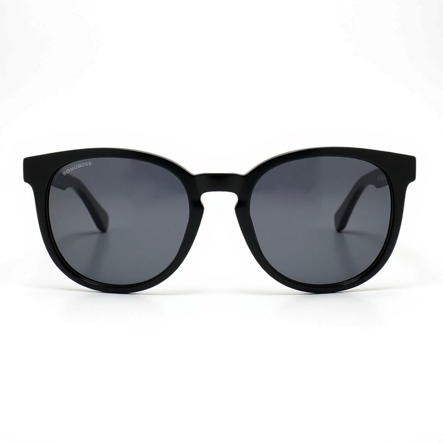 Eyeglasses round recycled plastic and wooden temples natural sustainable with color lenses black. polarized and forma redonda. Bonoboss #color_negro