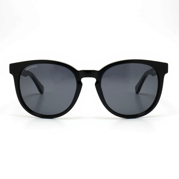 Eyeglasses round recycled plastic and wooden temples natural sustainable with color lenses black. polarized and forma redonda. Bonoboss #color_negro