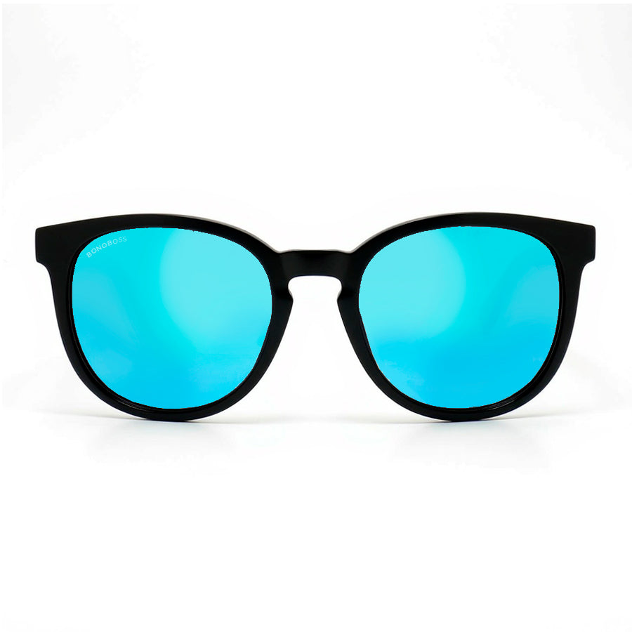 Eyeglasses round recycled plastic and wooden temples natural sustainable with color lenses mirrored blue. polarized and forma redonda. Bonoboss #color_espejado-azul