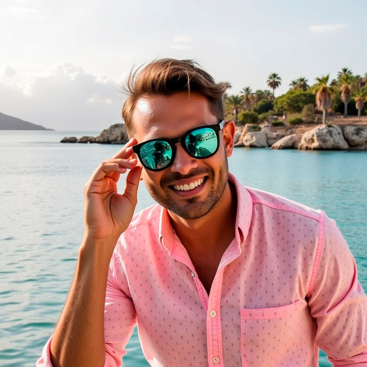 Eyeglasses round recycled plastic and wooden temples natural sustainable with color lenses mirrored blue. polarized and forma redonda. Bonoboss #color_espejado-azul