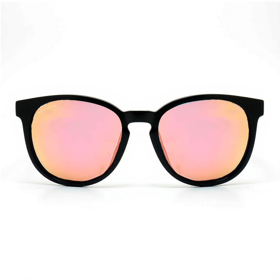 Eyeglasses round recycled plastic and wooden temples natural sustainable with color lenses black. polarized and forma redonda. Bonoboss #color_espejado-rosado