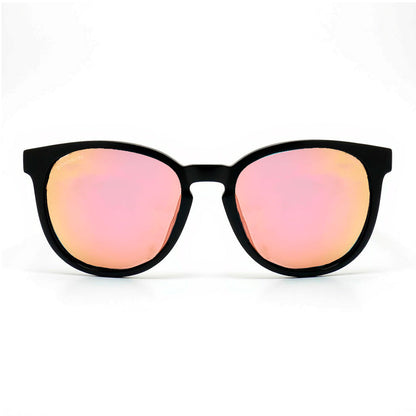 anteojos redondos de plástico reciclado y varillas de madera natural sustentable con lentes de color negro. Polarizadas y forma redonda.   #color_espejado-rosado