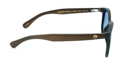 anteojos redondos de plástico reciclado y varillas de madera natural sustentable con lentes de color degradé azul. Polarizadas y forma redonda. #color_degrade-azul