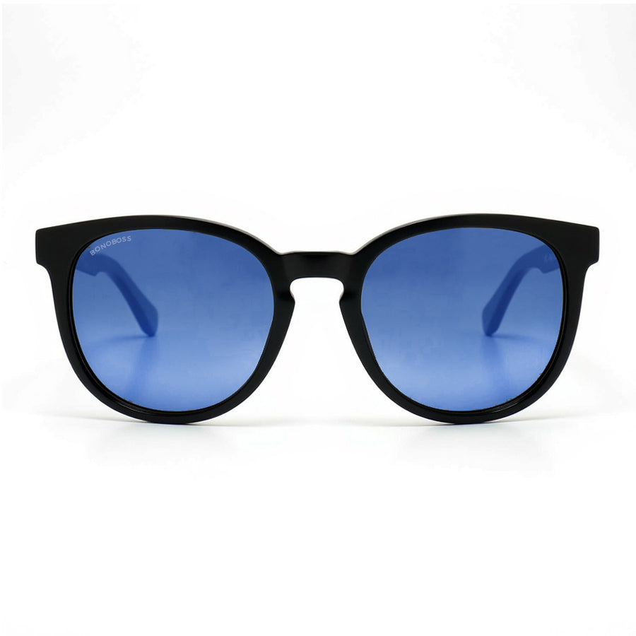 Eyeglasses round recycled plastic and wooden temples natural sustainable with color lenses gradient blue. polarized and forma redonda. Bonoboss #color_degrade-azul