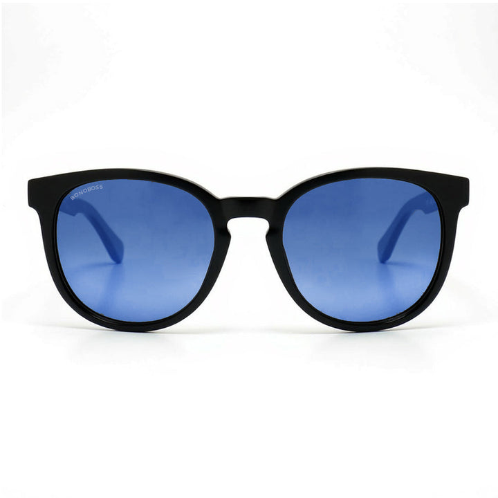 Eyeglasses round recycled plastic and wooden temples natural sustainable with color lenses gradient blue. polarized and forma redonda. Bonoboss #color_degrade-azul