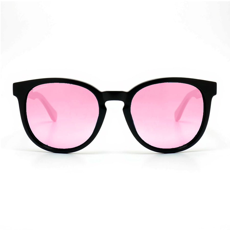 Eyeglasses round recycled plastic and wooden temples natural sustainable with color lenses pink polarized and forma redonda. Bonoboss #color_rosado