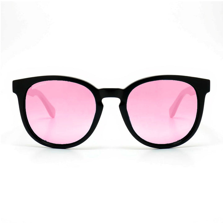 Eyeglasses round recycled plastic and wooden temples natural sustainable with color lenses pink polarized and forma redonda. Bonoboss #color_rosado